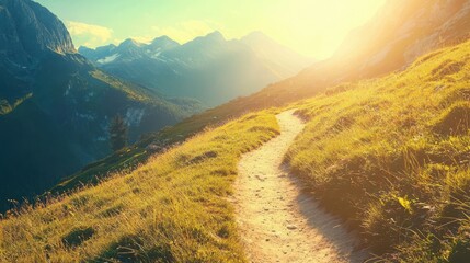 Hiking trail on mountain ridge at sunrise