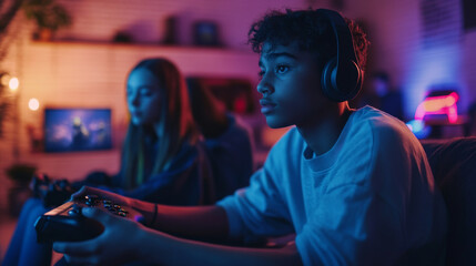 Obraz premium Gamers intensely playing on a console in a dimly lit room