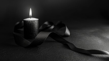 Burning black candle with a black ribbon wrapped around it on a dark background. Symbol of mourning, grief, solemnity.