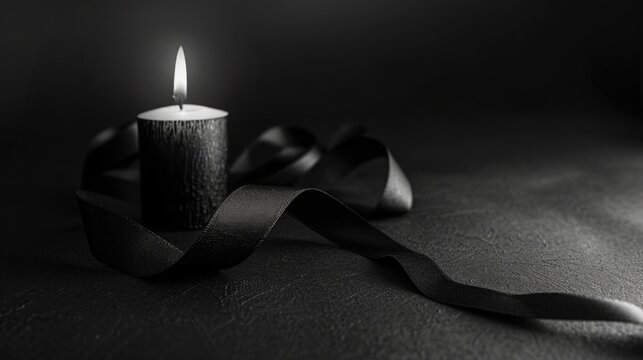 Burning black candle with a black ribbon wrapped around it on a dark background. Symbol of mourning, grief, solemnity.