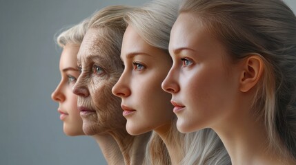 woman in deferent age and stages of life, women in one family in various generations, ageing cycle aging process of Caucasian blond beautiful woman