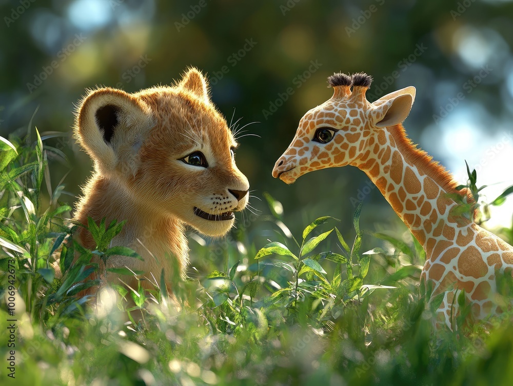 Canvas Prints Lion cub and baby giraffe playing in grassy meadow created with generative ai --ar 4:3 --v 6.1 Job ID: cdf897cd-faff-4068-9af7-36cde1c1a6ab