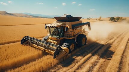 Combine harvester moves through a field of wheat gathering the crop