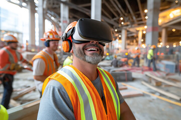 Construction workers are engaged in safety training using virtual reality technology, showcasing modern approach to learning protocols on site. atmosphere is focused and innovative