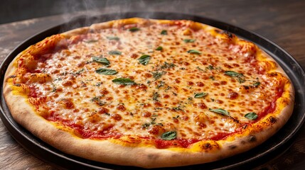 Margarita pizza herbs, sizzling steam, cheese bubbles, 3D illustration