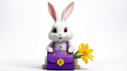 Obraz premium A cute white rabbit holding a purple bag and a yellow flower, evoking a cheerful vibe.
