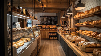 Artisanal bakery with fresh handmade pastries, bread, and the artisanal process of dough preparation, all in a cozy atmosphere