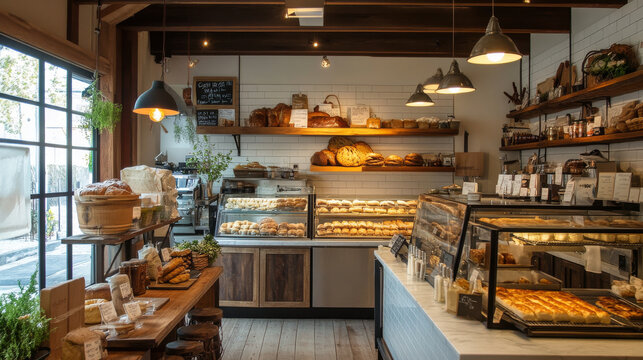 Artisanal bakery with fresh handmade pastries, bread, and the artisanal process of dough preparation, all in a cozy atmosphere