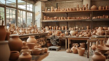 Artisanal pottery studio, filled with clay, pottery wheels, and finished ceramic pieces, showing the craftsmanship process