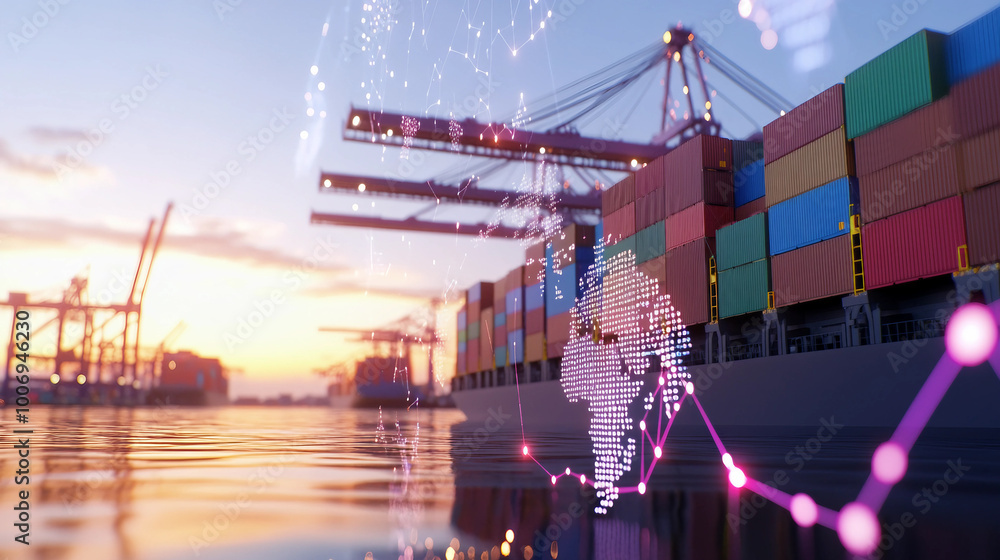 Aufkleber global connectivity concept with a digital world map overlaying a busy port scene