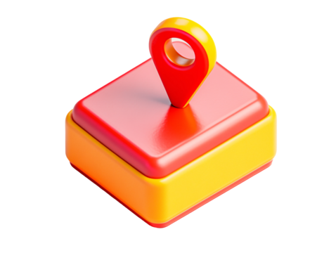 a red and yellow cube with a pin