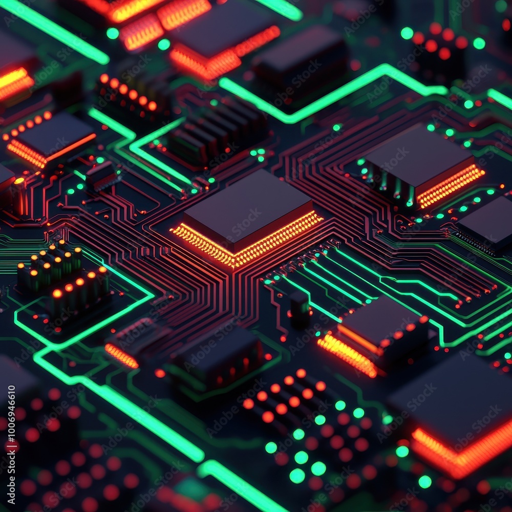 Poster a vibrant close-up of a circuit board featuring intricate patterns and glowing components, showcasin