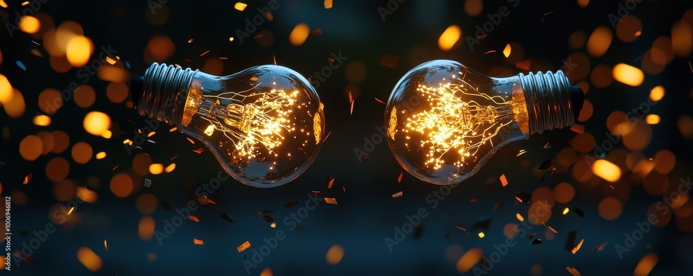 Poster two light bulbs with bursting sparks create a dynamic visual of energy and illumination, set against