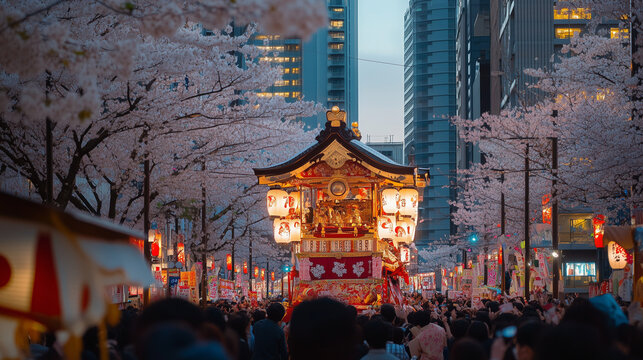 Night atmosphere at the Kanda Matsuri festival, mikoshi paraded under cherry blossom trees, procession participants cheer enthusiastically, Ai generated images