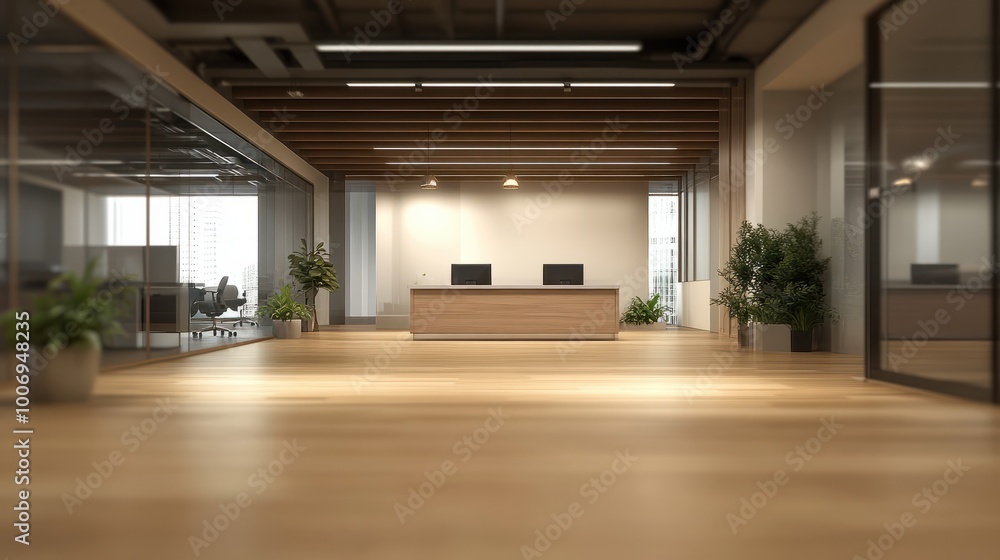 Poster blurred empty open space office. abstract light bokeh at office interior background for design.
