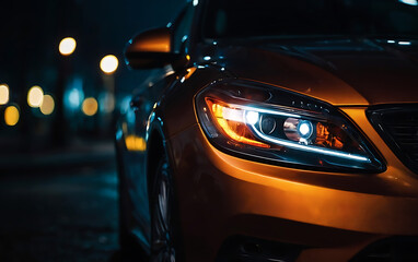 front view headlight of an orange car in night