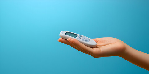 Close-up of a hand holding a glucose meter against a blue background