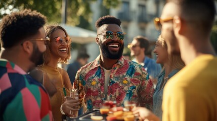 Cheerful diverse company of friends as inclusivity and diversity concept outside on a corporate grill party picnic
