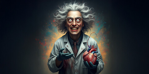 Obraz premium Crazy Mad Scientist Doctor with Heart, Science Image, Intense Wild Hair, Medical Graphic