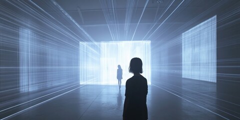 Fototapeta premium a woman standing in a dark room with light streaks