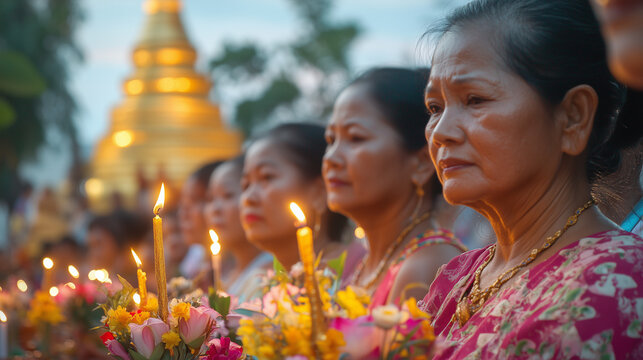 Boun That Luang Festival in Vientiane, Laos, thousands of Buddhists gather around Pha That Luang, wearing traditional clothes while carrying offerings of flowers and candles, Ai generated images