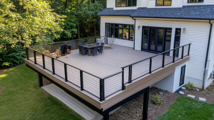 Home improvement contractor building a custom deck, using quality wood materials, precise craftsmanship, and stylish railings for outdoor living