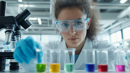 Female Scientist in a Laboratory Carefully Analyzing Colorful Solutions with Test Tubes and Safety Gear