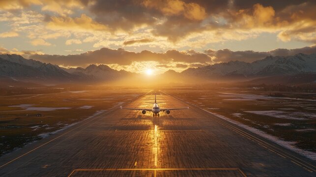 Fotograf&Atilde;&shy;a comercial realista de un avi&Atilde;&sup3;n despegando de una pista de aterrizaje, luz dorada del amanecer iluminando la escena, cielos despejados, detalles n&Atilde;&shy;tidos y colores vibrantes, marca y logot