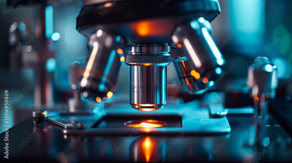Poster a microscope with a bright light shining on it