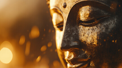 Obraz premium Buddha statue close-up with golden bokeh background. Shakyamuni, Siddhartha Gautauma. Bodhi Day, Buddhist holiday concept
