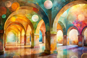 Celestial Arches: A surreal and dreamlike abstract painting depicts a captivating hallway of arches, adorned with a vibrant tapestry of colorful orbs and glowing lights.