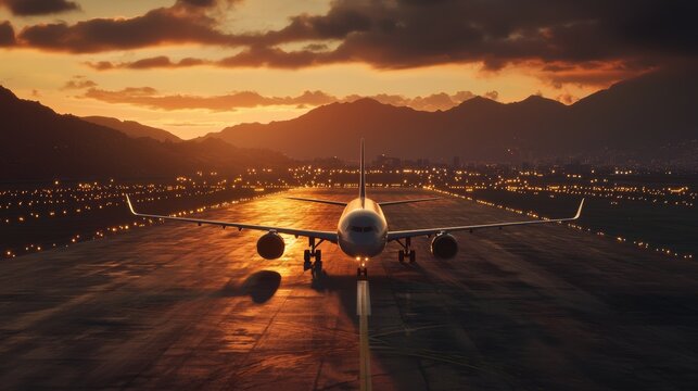 Fotograf&Atilde;&shy;a comercial realista de un avi&Atilde;&sup3;n despegando de una pista de aterrizaje, luz dorada del amanecer iluminando la escena, cielos despejados, detalles n&Atilde;&shy;tidos y colores vibrantes, marca y logot