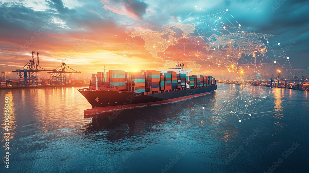 Aufkleber global connectivity concept with a digital world map overlaying a busy port scene
