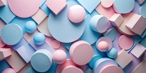 Pastel Geometric Abstract:  A vibrant and playful abstract composition featuring an array of pastel-colored geometric shapes, creating a visually stimulating and modern design.  
