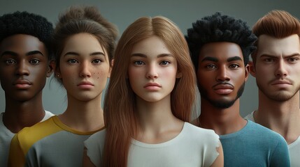 Fototapeta premium Diverse group of young people from different ethnicities, multiethnic people, asian, black, caucasian and more looking at the camera hd, multicultural and diversity and inclusivity concept