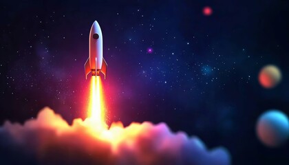 A flat design of a space rocket blasting off, with a minimalist galaxy and planets in the background