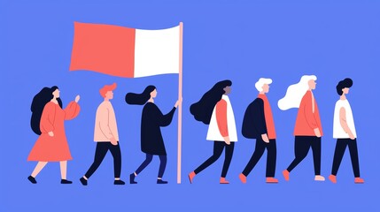 A group of people following a leader holding a flag, symbolizing guidance and direction in a flat design style