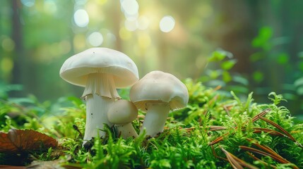 Two white mushrooms growing on a bed of green moss with a sunlit forest background.