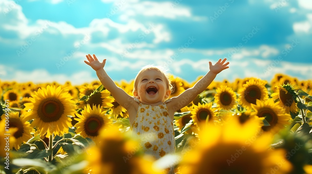 Wall mural Little Girl's Joy in a Sunflower Field