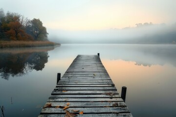 A foggy lake with a wooden pier and a dock, generative ai image