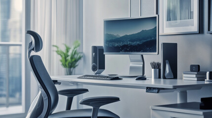 Modern ergonomic office setup with a comfortable chair, monitor riser, wireless keyboard and mouse, and a clean, organized desk