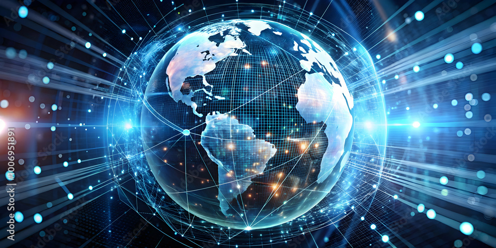 Poster global network connection: futuristic digital globe with glowing lines and nodes, symbolizing worldw