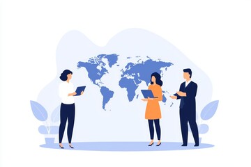 A leader standing in front of a world map, planning a global strategy with team members surrounding them