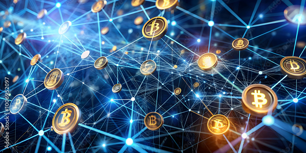 Poster global cryptocurrency network: a mesmerizing digital rendering of a worldwide cryptocurrency network