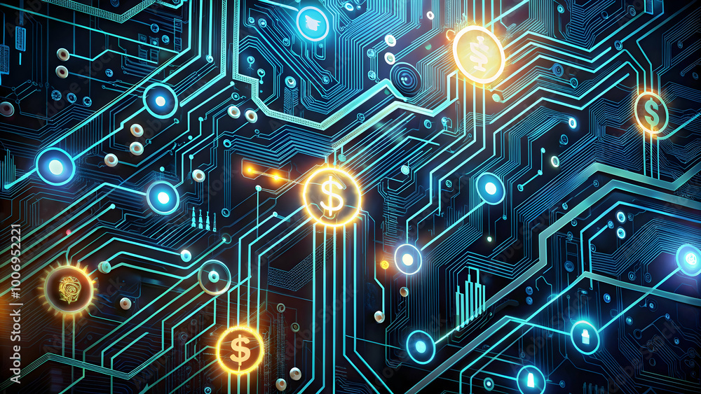 Aufkleber digital currency circuitry: abstract close-up of a circuit board with glowing dollar signs and digit