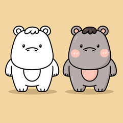 set of cute hippopotamus cartoon drawing and color book vector