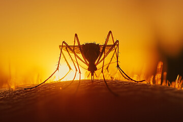 A close-up silhouette of a mosquito on the skin, with its long legs and body against a warm yellow sunset background.
