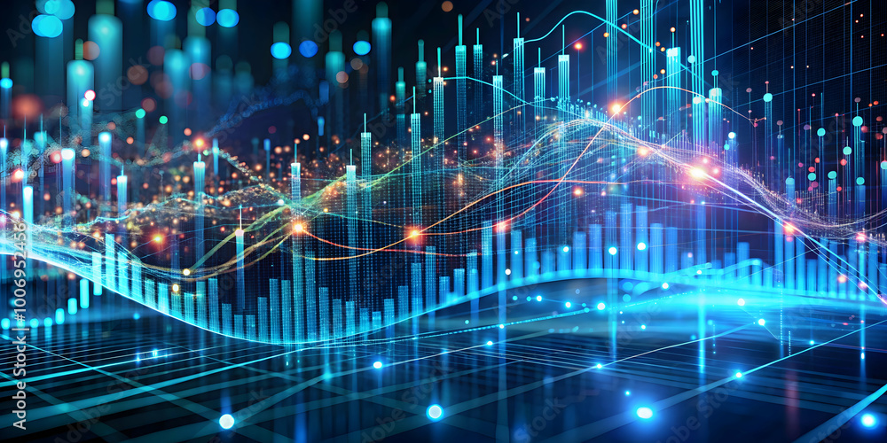 Poster data flow: a mesmerizing abstract visualization of data flow and digital connections, with vibrant b