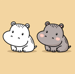 set of cute hippopotamus cartoon drawing and color book vector