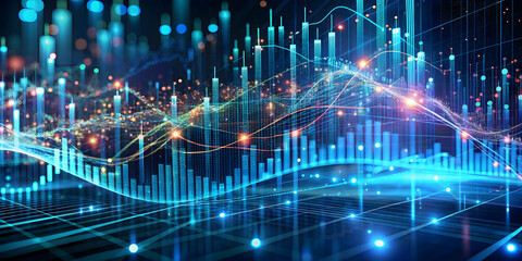 Fototapeta premium Data Flow: A mesmerizing abstract visualization of data flow and digital connections, with vibrant blue and green hues illuminating a complex network of lines and bars.